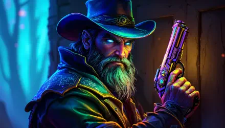 A dramatic 4K Ultra HD PC desktop wallpaper featuring a rugged, bearded figure in a cowboy hat, wielding a futuristic gun against a vibrant, colorful background.