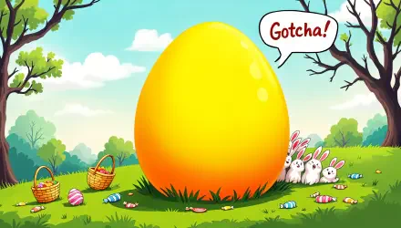 A vibrant yellow Easter egg towers over a grassy field, with playful bunnies and colorful eggs scattered around. The scene is enhanced by a cheerful Gotcha! speech bubble.