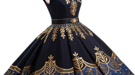 A stunning black dress featuring intricate gold embroidery, captured in a vibrant 4K Ultra HD wallpaper, showcasing its elegant design and detailed craftsmanship.
