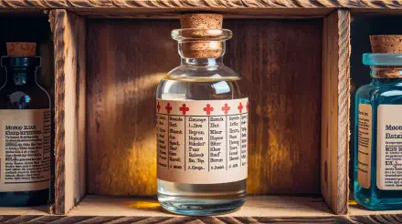A 4K Ultra HD image of a medicine bottle with potion labels on a wooden shelf, showcasing detailed text and vintage-style packaging.