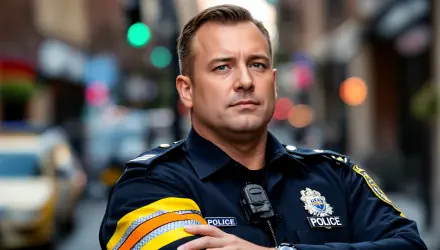 A confident police officer poses with arms crossed in an urban setting, captured in vibrant detail. This 4K Ultra HD image makes a striking desktop wallpaper and background.