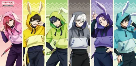 HD PC desktop wallpaper featuring Blue Lock anime characters wearing colorful hoodies with bunny ears against vibrant, patterned backgrounds.