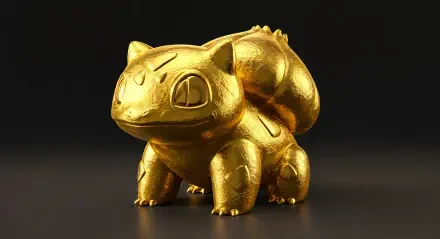 A stunning 4K Ultra HD wallpaper featuring a golden Bulbasaur from Pokémon, showcasing its iconic features in a sleek and shiny design against a dark background.
