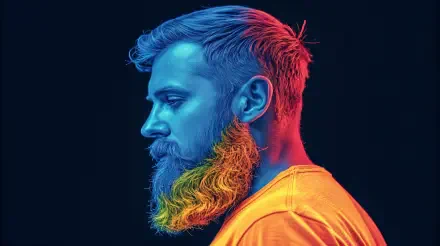 A vibrant, colorful profile of a bearded man against a dark background, showcased in 4K Ultra HD, highlighting bold hues and intricate facial features.