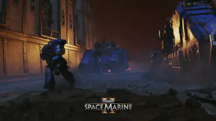 A dynamic scene from Warhammer 40K: Space Marine 2, featuring a Space Marine amidst a war-torn landscape with heavy machinery and an atmospheric backdrop, showcasing the game's intense action.