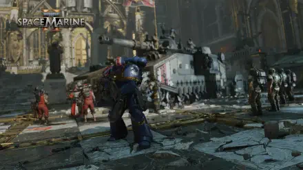 HD wallpaper featuring a Space Marine from Warhammer 40K: Space Marine 2, set against a dramatic battlefield backdrop with strategic elements and a range of characters.