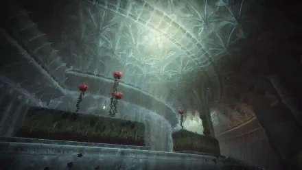 A captivating HD desktop wallpaper from the video game Destiny 2, featuring an intricately designed interior with dramatic lighting and vibrant red elements.
