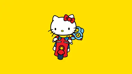 HD PC desktop wallpaper featuring Hello Kitty from Sanrio riding a red scooter on a bright yellow background.