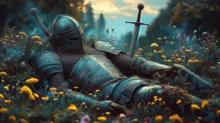 A medieval knight rests amid vibrant wildflowers, with a sword beside him, capturing a serene moment in this HD PC desktop wallpaper.