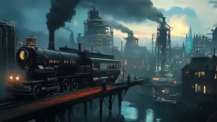 A steam train travels along a wooden bridge, surrounded by an industrial factory skyline shrouded in smoke and mist, creating a dramatic, atmospheric scene.