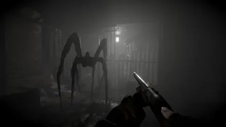 A dark, eerie scene from the video game Total Chaos, featuring a menacing creature in a foggy environment, illuminated by dim light. 4K Ultra HD wallpaper for PC.