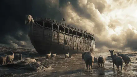 A dramatic depiction of Noah's Ark amidst dark, swirling clouds, surrounded by various animals, creating a powerful religious scene in a high-definition desktop wallpaper format.