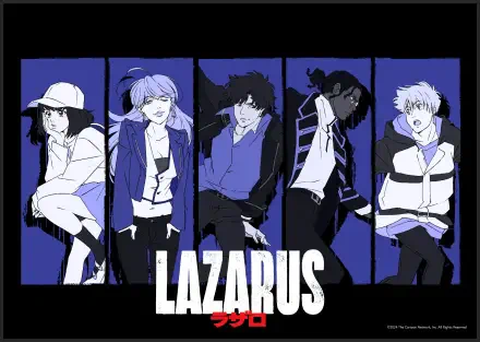 Anime LAZARUS 2K Quad HD PC desktop wallpaper/background: five stylized characters in narrow vertical panels on a deep blue-purple backdrop, bold LAZARUS logo at bottom.