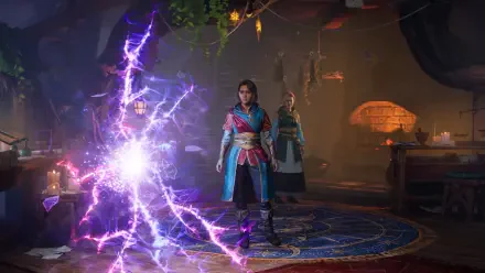 A vibrant HD desktop wallpaper from the video game Split Fiction, showcasing a character casting magic amidst a mystical setting filled with intriguing details and lighting effects.