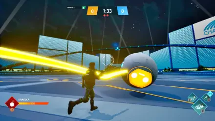 A dynamic scene from the video game Shotball, featuring a character using a neon yellow beam to interact with a glowing ball in an arena setting. HD PC wallpaper and background.