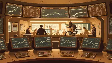 A futuristic stock market trading room features multiple screens displaying financial data, with traders and a robot assistant working together in a dynamic environment. 4K Ultra HD wallpaper.