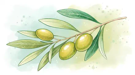 A vibrant illustration of a branch with green olives and leaves, set against a soft, pastel background, designed as a 4K Ultra HD PC desktop wallpaper and background.