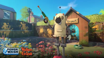 A whimsical scene from PowerWash Simulator featuring Wallace & Gromit's Special Pack, showcasing a quirky character in front of Gromit's doghouse amidst a vibrant garden backdrop.