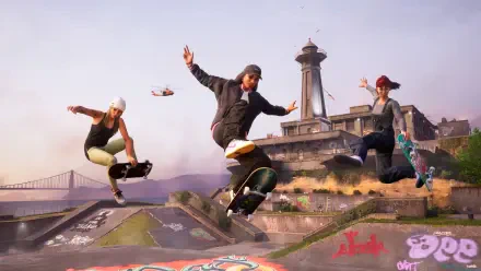 A dynamic scene from Tony Hawk's Pro Skater 3 + 4, showcasing skaters performing tricks against a vibrant backdrop of a skate park and distant landmarks in 4K Ultra HD.