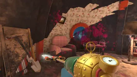 A vibrant HD wallpaper from PowerWash Simulator’s Wallace & Gromit Special Pack, showcasing a unique cleaning scene with a colorful pressure washer and vintage decor.