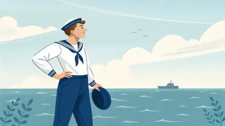 A stylish sailor stands confidently at the shore, gazing out at the ocean with a ship in the distance, set against a serene sky. 4K Ultra HD PC desktop wallpaper and background.