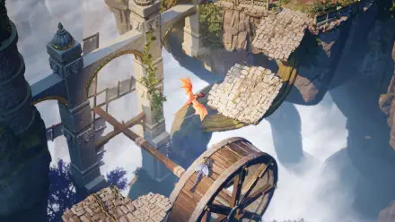 A stunning HD wallpaper from the video game Split Fiction, showcasing a fantastical landscape with a character navigating a wheel bridge and a vibrant bird soaring above.