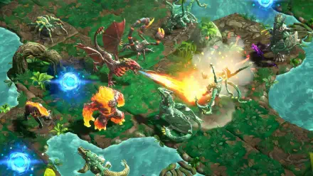 A vibrant 4K Ultra HD wallpaper featuring action from the video game Eldrador Creatures Shadowfall, showcasing fantastical creatures battling on a lush, detailed terrain.