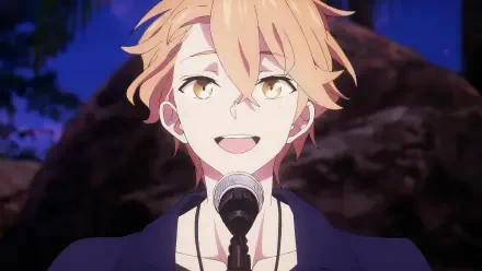 A vibrant HD wallpaper featuring a character from the anime UniteUp! Uni: Birth, smiling joyfully while speaking into a microphone against a twilight background.