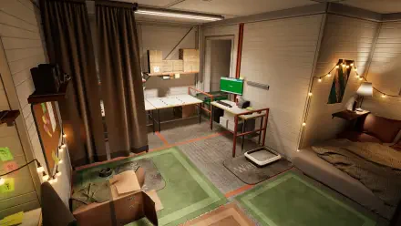 4K Ultra HD PC desktop wallpaper featuring a detailed, dimly lit room from the video game Order 13, showcasing a cozy living space with computer setup and string lights.