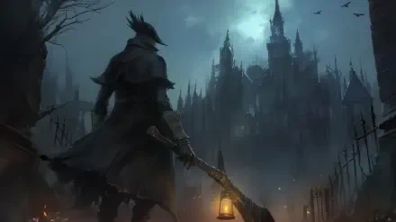 A dark and atmospheric HD wallpaper from the video game Bloodborne, featuring a cloaked figure holding a lantern, standing before a mysterious castle under a moody sky.