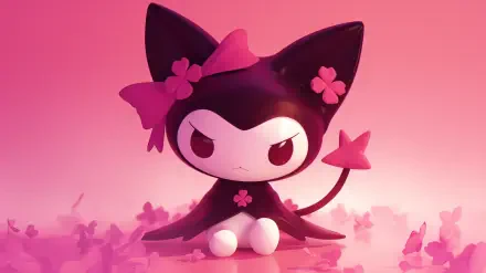 HD anime wallpaper featuring Kuromi from Onegai My Melody, set against a soft pink background with cherry blossoms and a playful, confident expression.