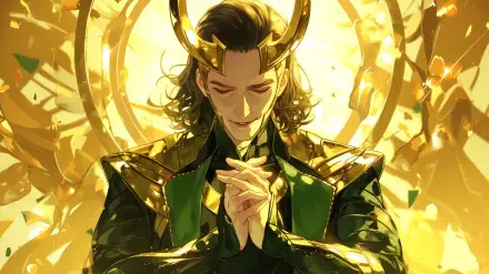 A vibrant HD desktop wallpaper featuring Loki from Marvel Comics, showcasing his iconic green and gold attire with a serene expression against a glowing background.