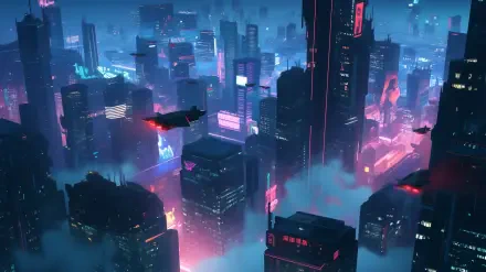 A vibrant cyberpunk cityscape under neon lights, featuring futuristic skyscrapers and flying cars. This HD wallpaper immerses viewers in an electrifying urban environment.