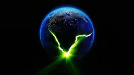 Alien: Earth TV show 5K Ultra HD PC desktop wallpaper — Earth from space with a neon green V-shaped energy beam slicing the globe and radiating luminous light.