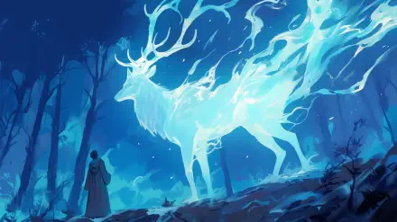 A blue anime-style wallpaper featuring Harry Potter's Patronus, a glowing stag, set against a mystical forest backdrop. Perfect for fans of the series.