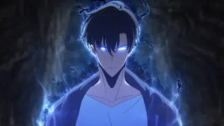 HD PC desktop wallpaper featuring Sung Jin-Woo from the anime Solo Leveling, glowing with dark energy in a dramatic, intense scene.