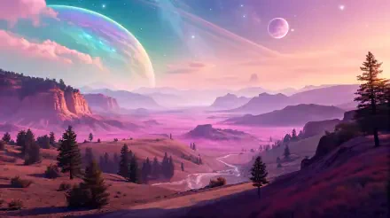 A stunning panorama featuring vibrant colors and celestial elements, showcasing a dreamlike landscape with mountains, trees, and a distant planet. This 4K Ultra HD wallpaper captivates the imagination.