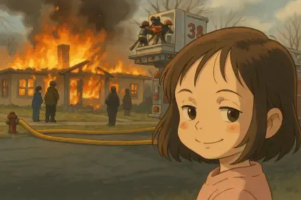 A humorous Studio Ghibli-inspired meme featuring a girl smiling in the foreground, while firefighters tackle a burning house in the background. HD desktop wallpaper quality.