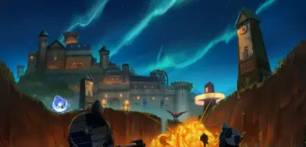 A vibrant HD wallpaper from the video game Nordhold, featuring a medieval castle under a starry sky, with mystical lights and characters engaged in action.