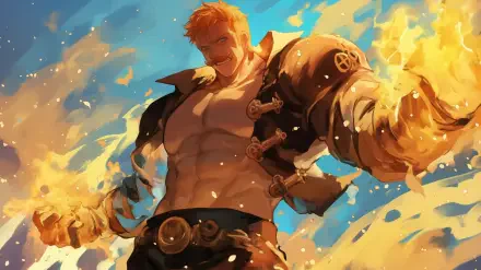An HD desktop wallpaper featuring Escanor from The Seven Deadly Sins, showcasing his powerful presence with flames and a dynamic background.