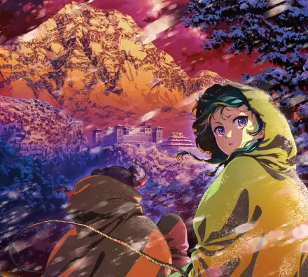 HD anime wallpaper featuring Maomao from The Apothecary Diaries, set against a vibrant, detailed background of an ancient city at sunset.