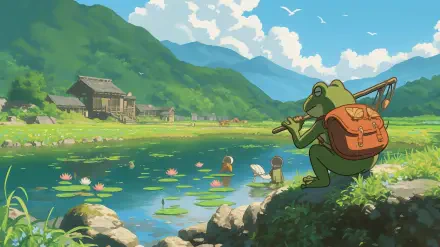 A serene anime scene featuring Keroppi, inspired by Studio Ghibli and Sanrio, showcases a frog playing a flute by a tranquil river surrounded by lush mountains and blooming lilies.