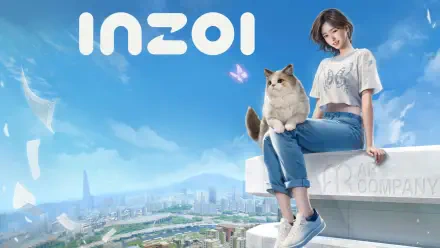 A vibrant HD wallpaper featuring a girl and a cat against a blue sky, with the word inZOI prominently displayed, capturing a whimsical and playful atmosphere in a video game setting.