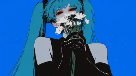 A vibrant HD wallpaper featuring Hatsune Miku, an iconic blue-haired anime character, holding white flowers against a bold blue background. Perfect for any video game enthusiast.