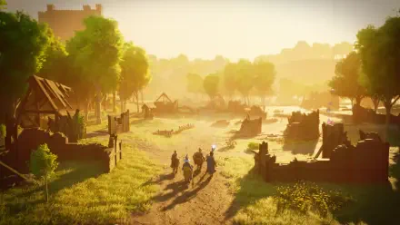 A vibrant 4K Ultra HD wallpaper from RuneScape: Dragonwilds, showcasing a serene landscape with characters walking through a sunlit, lush environment filled with ruins and greenery.