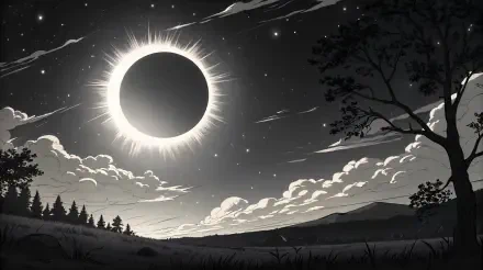 A stunning solar eclipse illustrated in 4K Ultra HD, featuring a darkened sun surrounded by bright corona, set against a dramatic sky and silhouetted trees. Ideal for a desktop background.