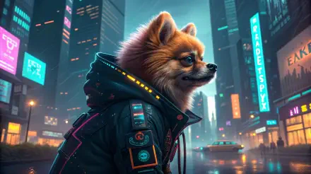 A stylish Pomeranian in a futuristic jacket stands against a vibrant city skyline, creating a captivating 4K Ultra HD desktop wallpaper.