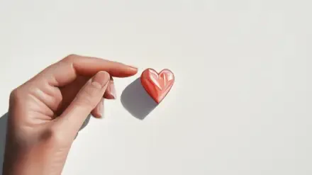 A minimalist artistic image featuring a hand gently touching a red heart on a clean white background, creating a serene and emotive desktop wallpaper.