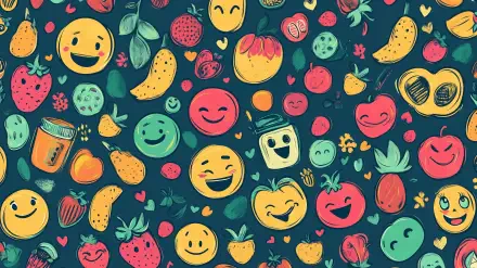A vibrant HD desktop wallpaper featuring a playful preppy pattern of smiling fruits, emojis, and whimsical elements against a dark background. Perfect for adding a cheerful touch to your screen.