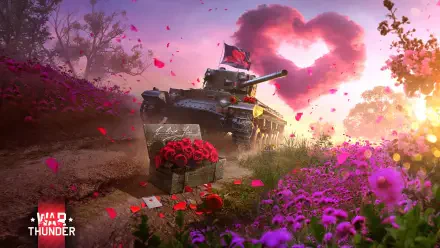 A vibrant 4K Ultra HD wallpaper showcasing a tank from War Thunder, adorned with flowers and surrounded by a heart-shaped cloud of petals in a picturesque landscape.